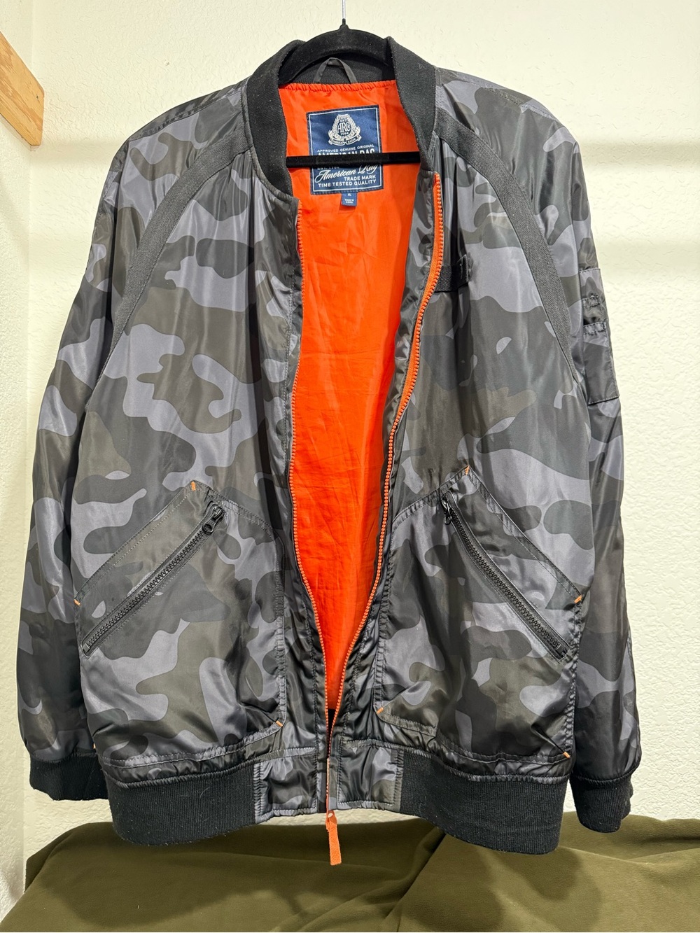 American Rag Gray Camo Bomber Jacket with Orange Lining